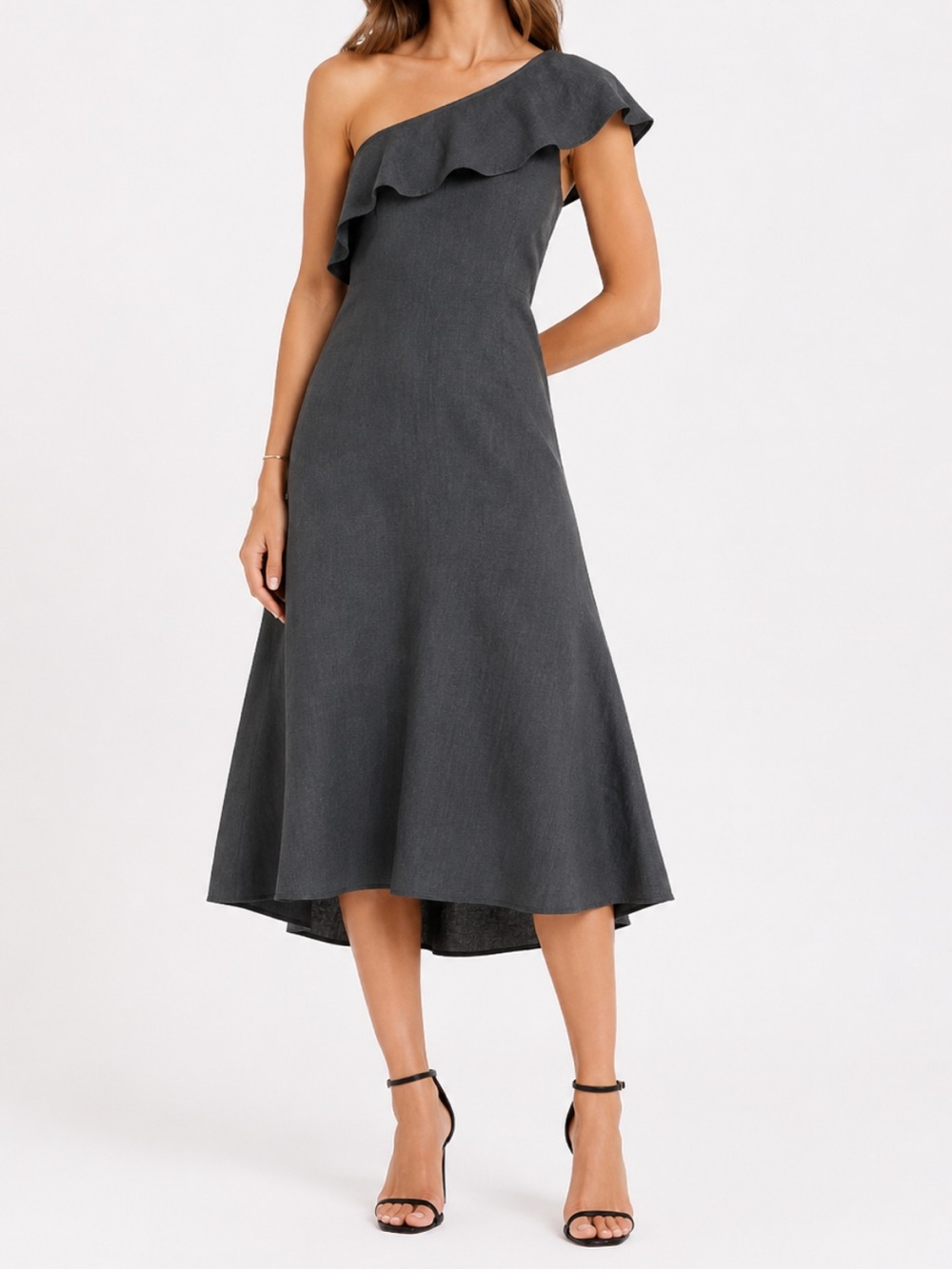 A.L.C. Evangeline Asymmetrical One Shoulder Midi Dress - Ruffle Detail - Size 10